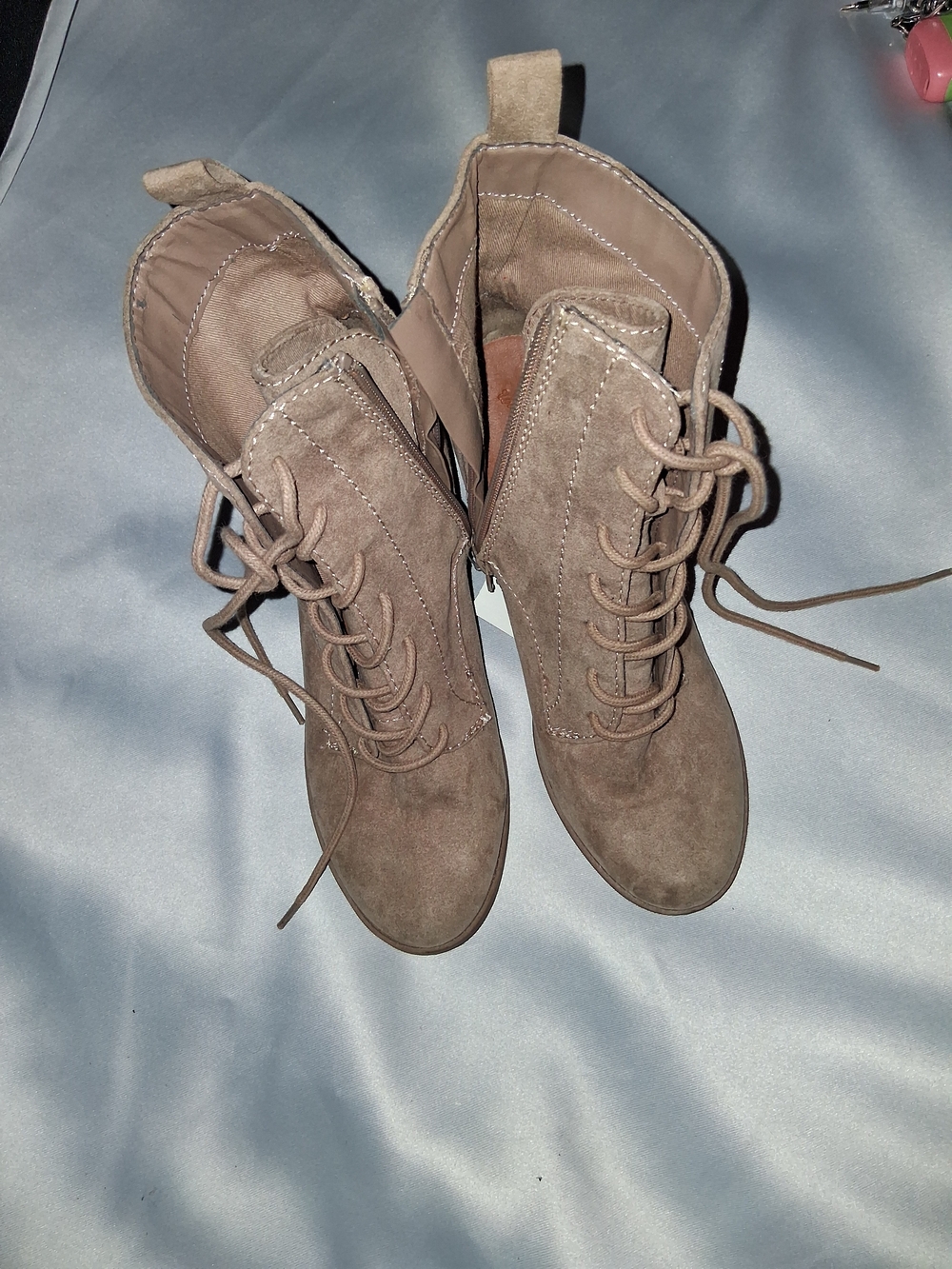 Candie's Taupe Lace-Up Suede Ankle Boots with Block Heel